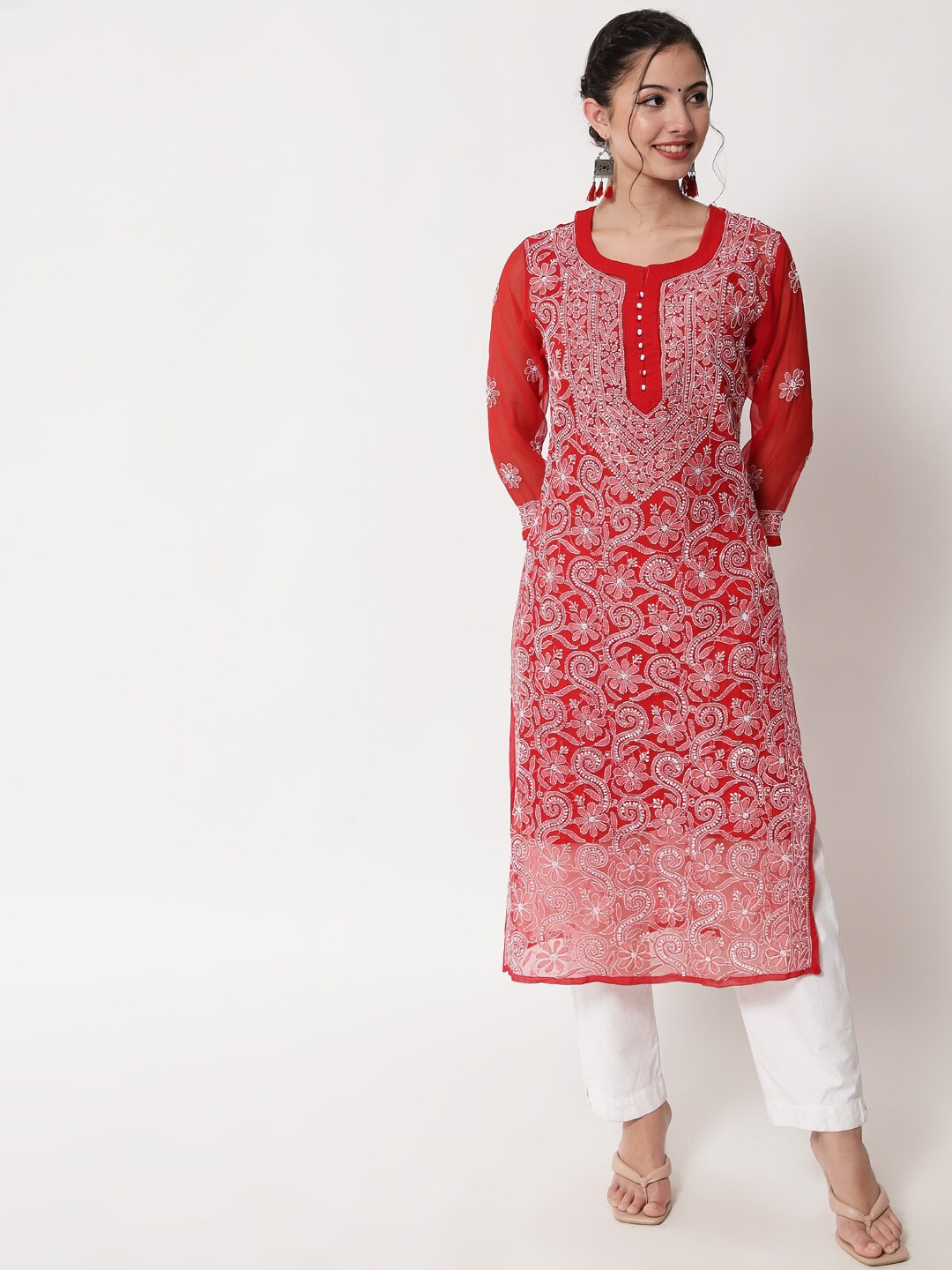 PARAMOUNT CHIKAN Women Floral Chikankari Embroidered Georgette Kurta With Trousers, Red
PARAMOUNT CHIKAN Women Floral Chikankari Embroidered Georgette Kurta With Trousers, Red