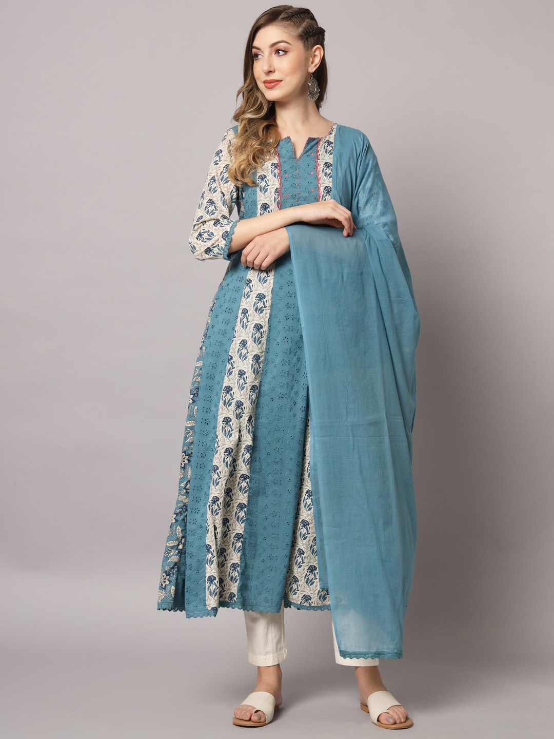 PREKSHA Women Floral Printed Thread Work Pure Cotton Kurta With Trousers & Dupatta, Blue
PREKSHA Women Floral Printed Thread Work Pure Cotton Kurta With Trousers & Dupatta, Blue