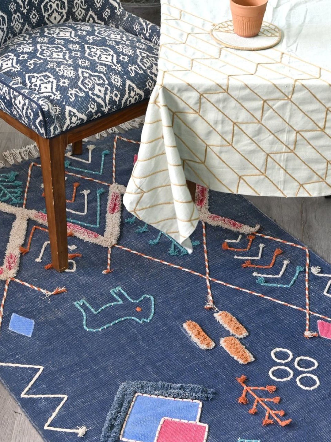 Art Avenue Blue & Orange Geometric Embroidered & Applique Cotton Carpet
Art Avenue Blue & Orange Geometric Embroidered & Applique Cotton Carpet