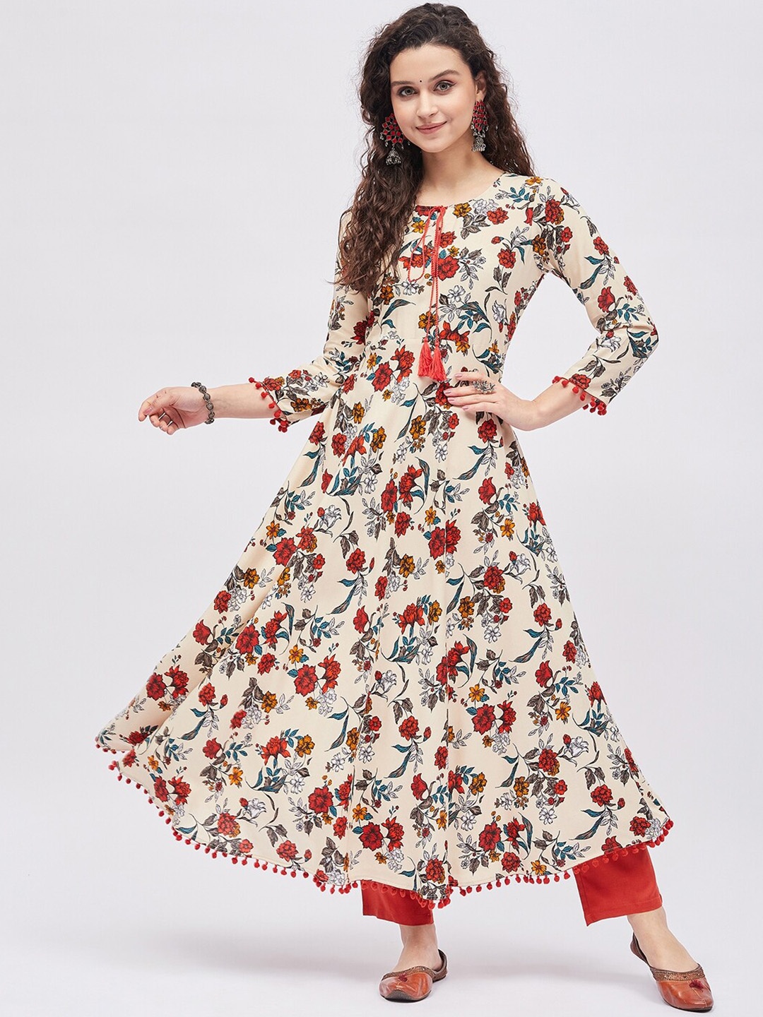 Tissu Women Floral Printed Tie-Up Neck Anarkali Kurta, Cream