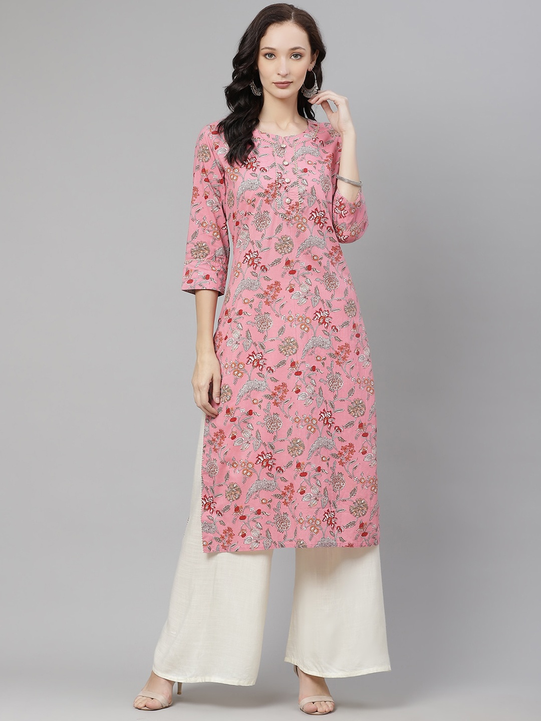 Divena Women Floral Printed Gotta Patti Cotton Kurta, Pink