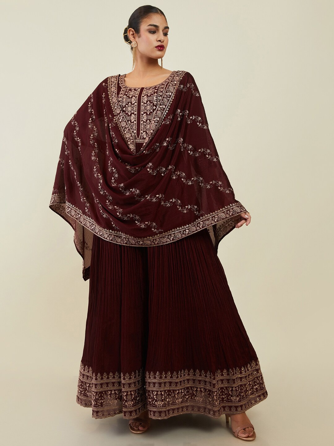 Soch Women Ethnic Embroidered Zari Detailed Anarkali Kurta with Churidar & Dupatta, Maroon
Soch Women Ethnic Embroidered Zari Detailed Anarkali Kurta with Churidar & Dupatta, Maroon