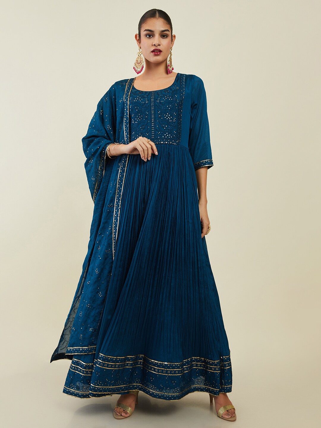 Soch Ethnic Embroidered Zari Detail Pure Cotton Anarkali Kurta with Churidar & Dupatta, Navy blue
Soch Ethnic Embroidered Zari Detail Pure Cotton Anarkali Kurta with Churidar & Dupatta, Navy blue