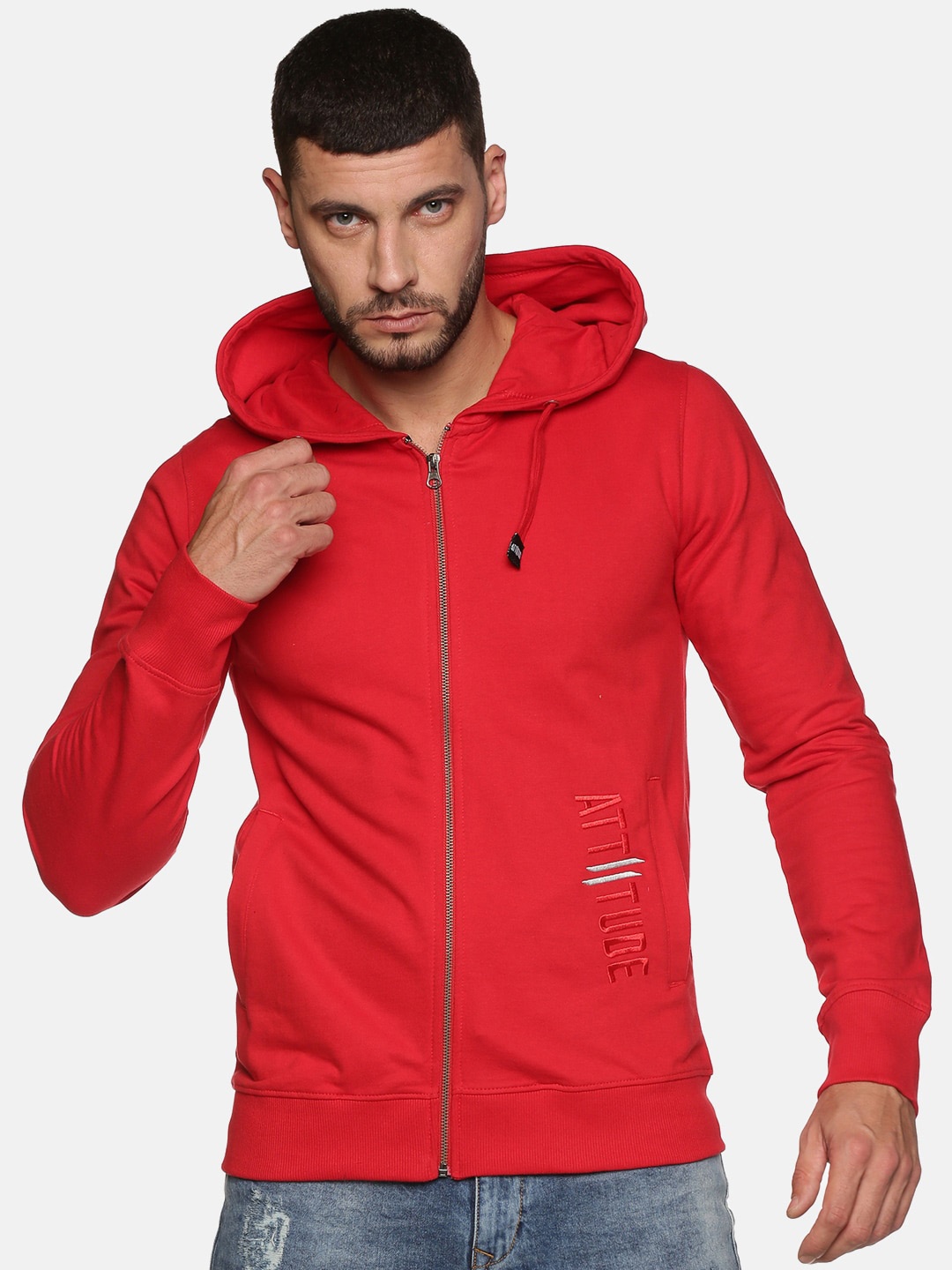 ATTIITUDE Men Printed Hooded Sweatshirt, Red