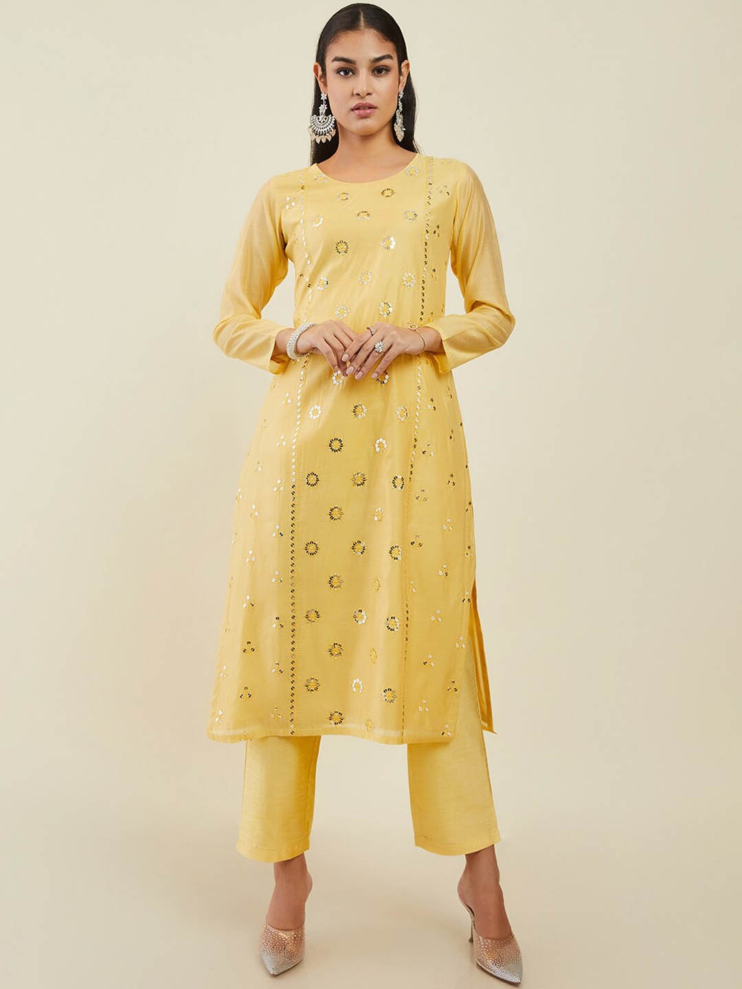 Soch Floral Embroidered Sequined Chanderi Silk Straight Panelled Kurta With Trousers, Yellow
Soch Floral Embroidered Sequined Chanderi Silk Straight Panelled Kurta With Trousers, Yellow