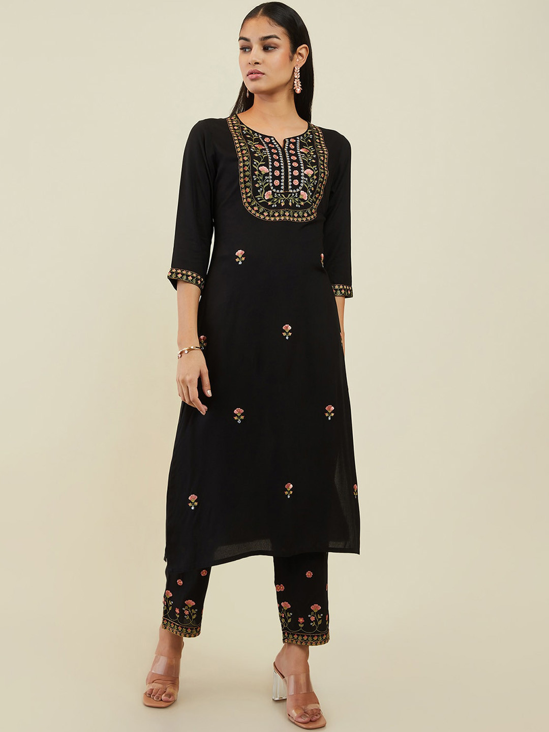 Soch Women Floral Embroidered Notch Neck Kurta with Trousers, Black
Soch Women Floral Embroidered Notch Neck Kurta with Trousers, Black
