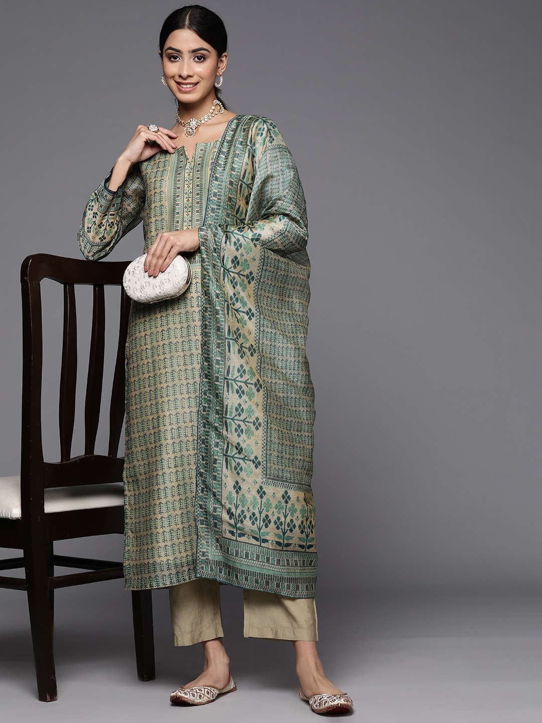 Varanga Ethnic Motifs Printed Chanderi Silk Kurta With Trousers & With Dupatta, Beige
Varanga Ethnic Motifs Printed Chanderi Silk Kurta With Trousers & With Dupatta, Beige