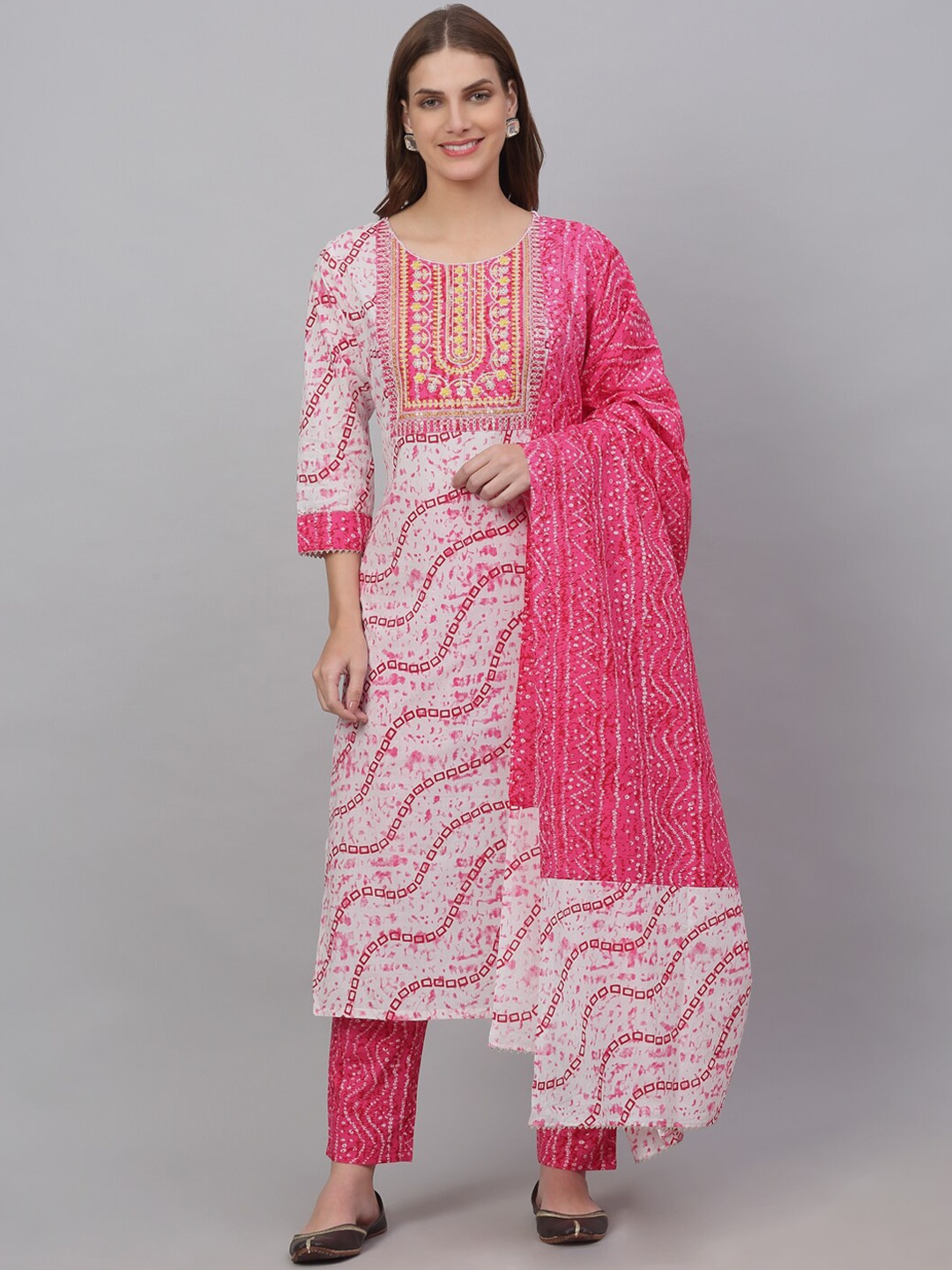 KALINI Women Bandhani Printed Thread Work Kurta With Trousers & With Dupatta, Off white
KALINI Women Bandhani Printed Thread Work Kurta With Trousers & With Dupatta, Off white