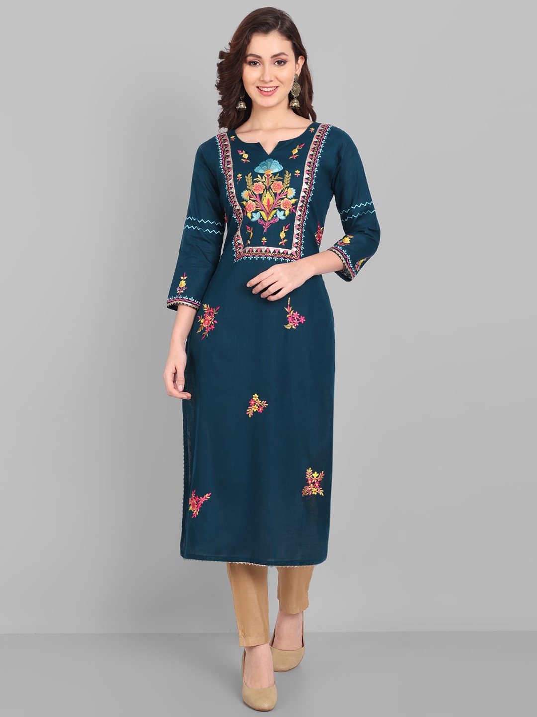 Pakiza Women Ethnic Motifs Embroidered Notch Neck Cotton Kurta, Teal