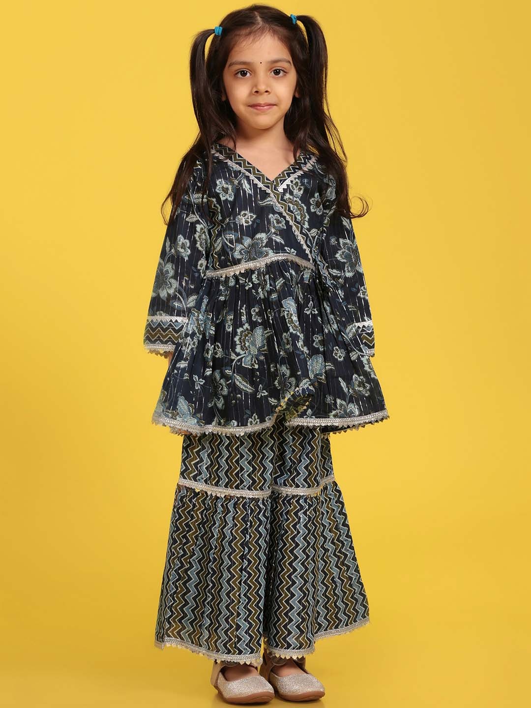 Aj DEZInES Girls Floral Printed Angrakha Pure Cotton Kurta With Sharara, Navy blue
Aj DEZInES Girls Floral Printed Angrakha Pure Cotton Kurta With Sharara, Navy blue