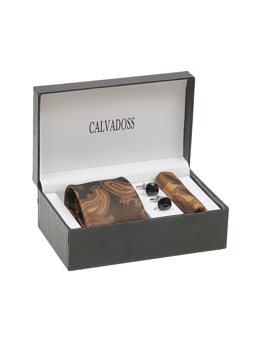 Calvadoss Men Printed Broad Tie, Cufflink and Pocket Square Accessory Gift Set, Black
Calvadoss Men Printed Broad Tie, Cufflink and Pocket Square Accessory Gift Set, Black