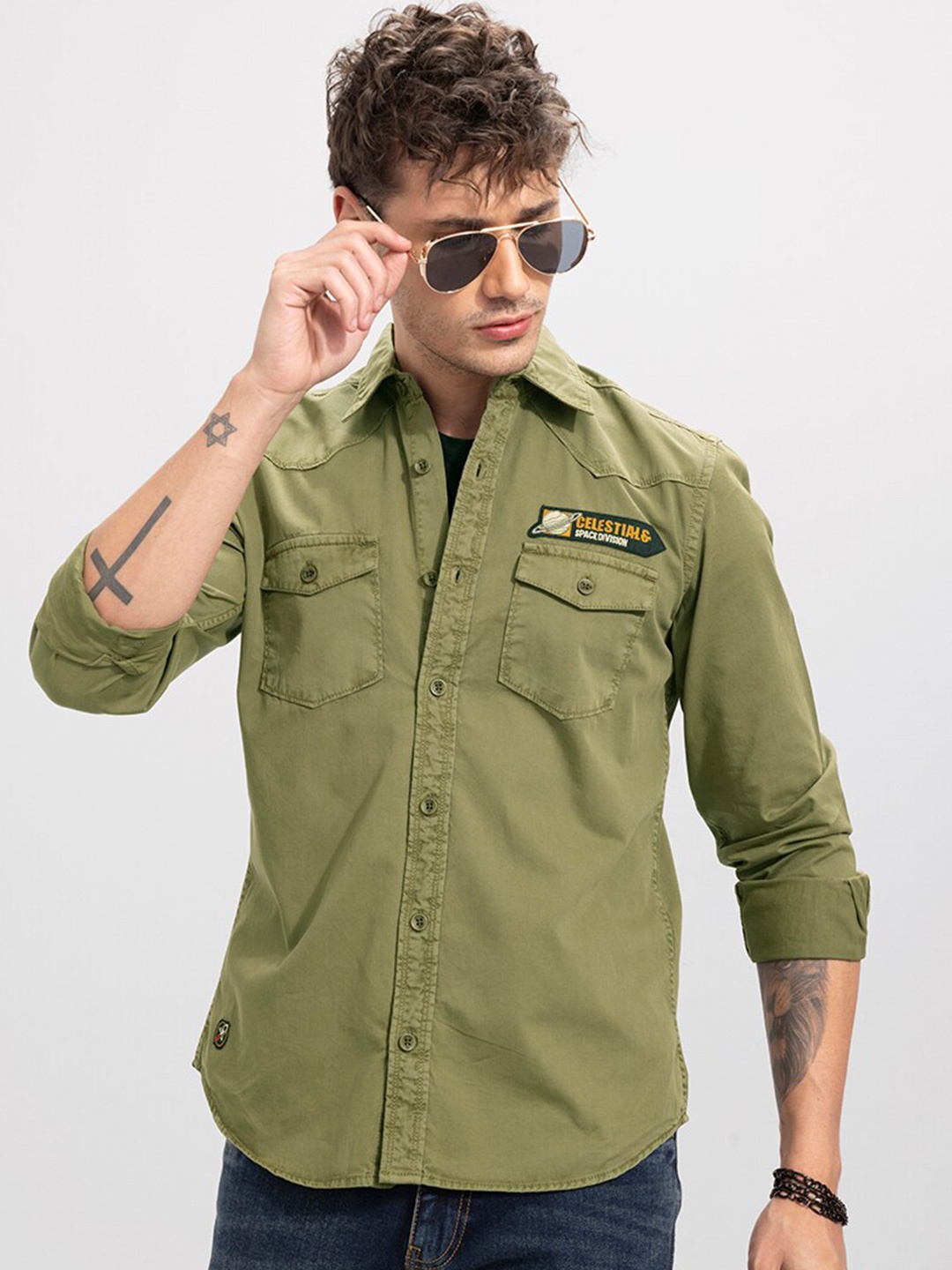 Snitch Men Cotton Casual Shirt, Olive