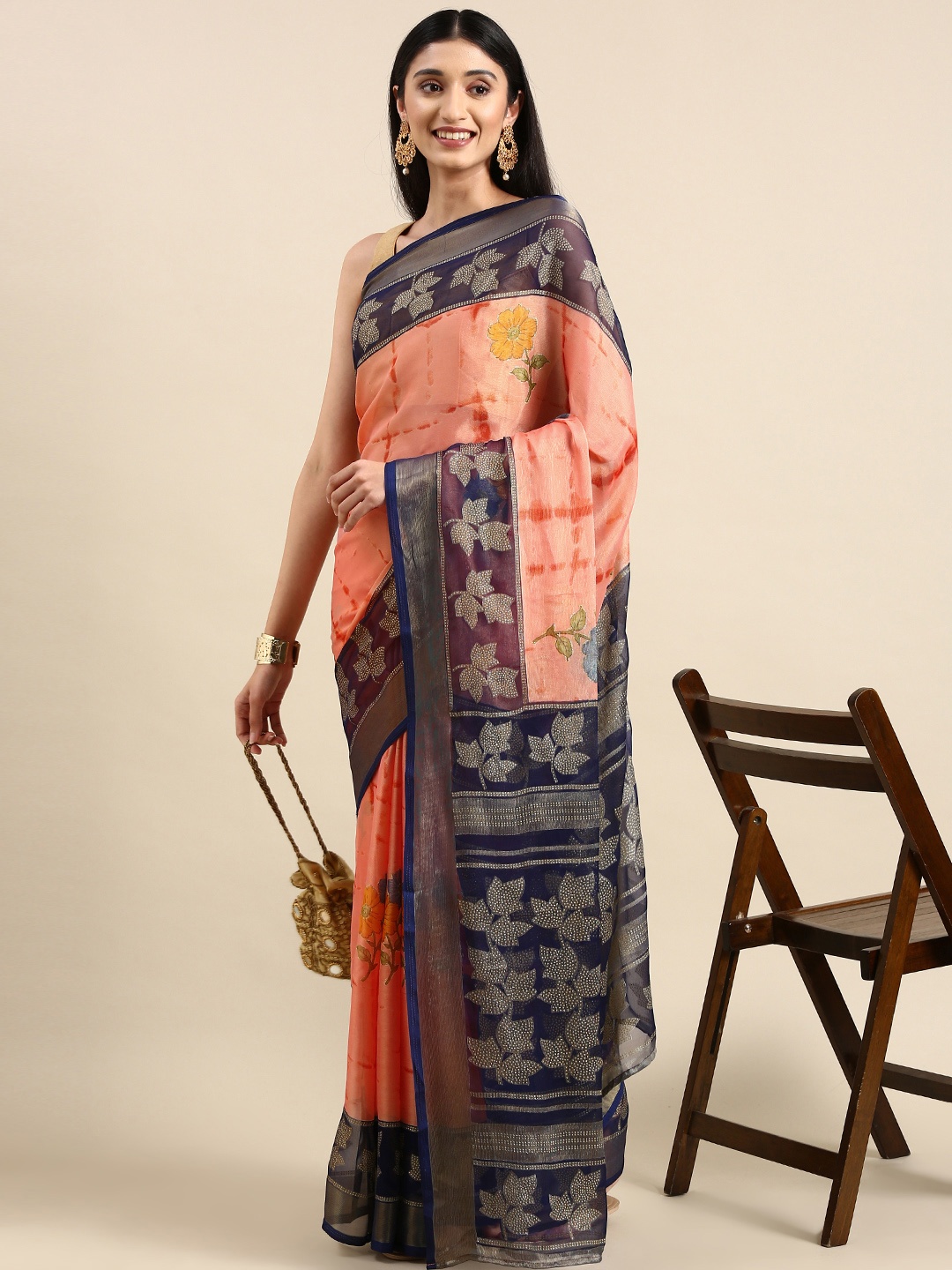 Anouk Floral Print Pure Chiffon Saree, Navy blue