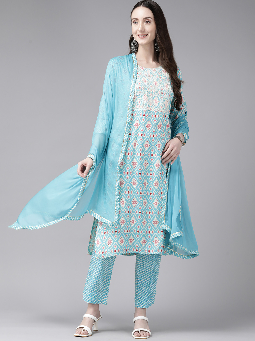 Aarika Women Printed Sequinned Pure Cotton Kurta With Trousers & Dupatta, Turquoise blue
Aarika Women Printed Sequinned Pure Cotton Kurta With Trousers & Dupatta, Turquoise blue