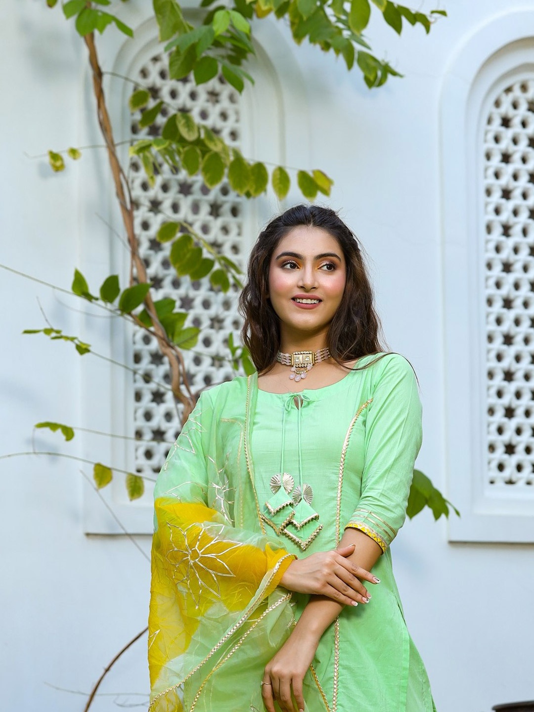 PINKVILLE JAIPUR Women Tie-Up Neck Gotta Patti Pure Cotton Kurti with Sharara & Dupatta, Green
PINKVILLE JAIPUR Women Tie-Up Neck Gotta Patti Pure Cotton Kurti with Sharara & Dupatta, Green