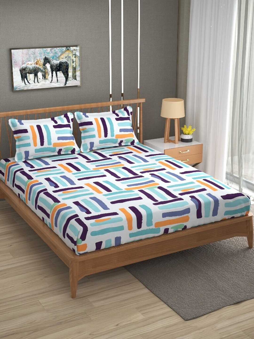 Molly & Michel White & Turquoise Blue 210 TC Queen Fitted Bedsheet with 2 Pillow Covers
Molly & Michel White & Turquoise Blue 210 TC Queen Fitted Bedsheet with 2 Pillow Covers