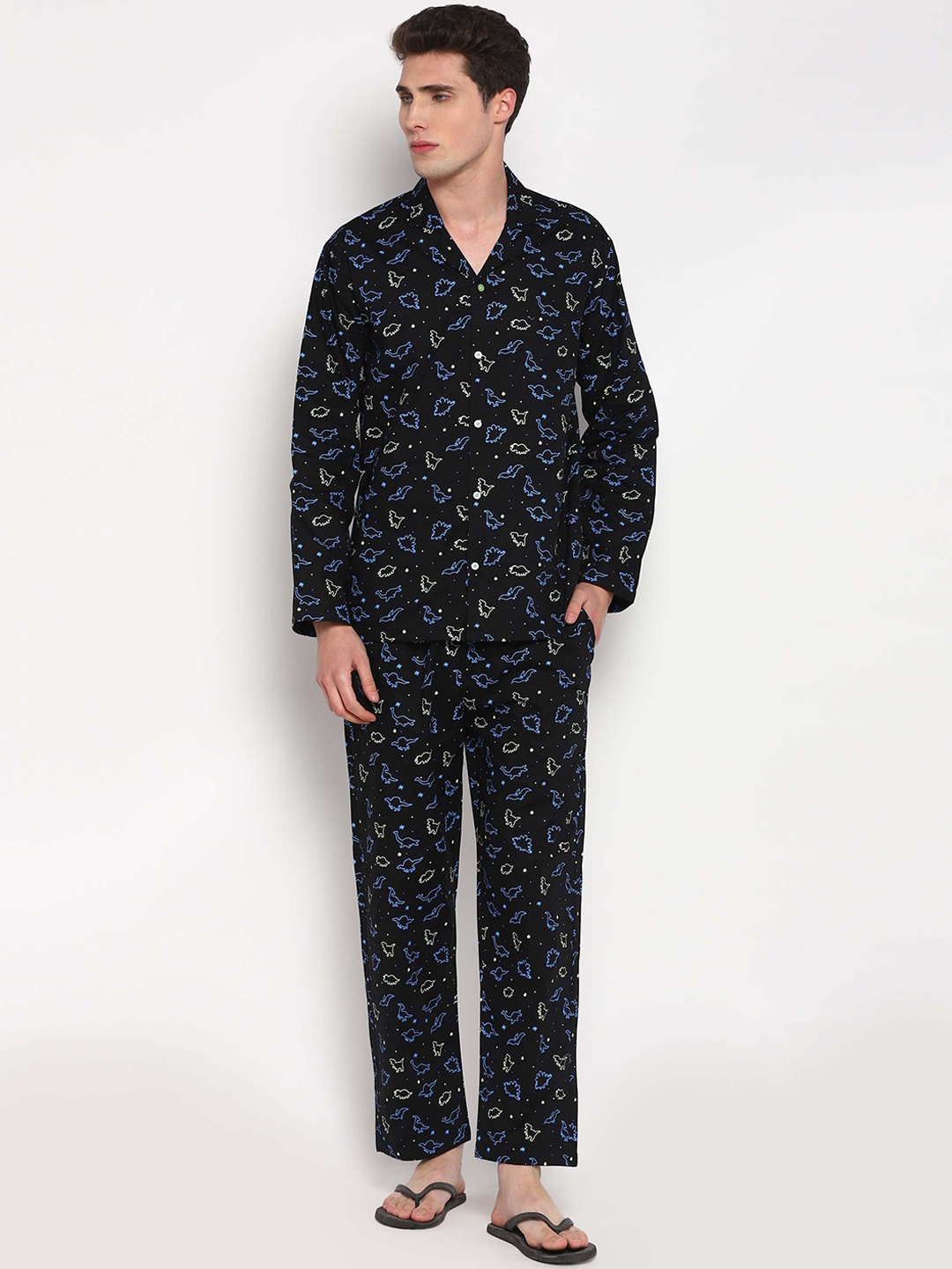 shopbloom Men 2 Pieces Graphic Printed Pure Cotton Night Suit, Black