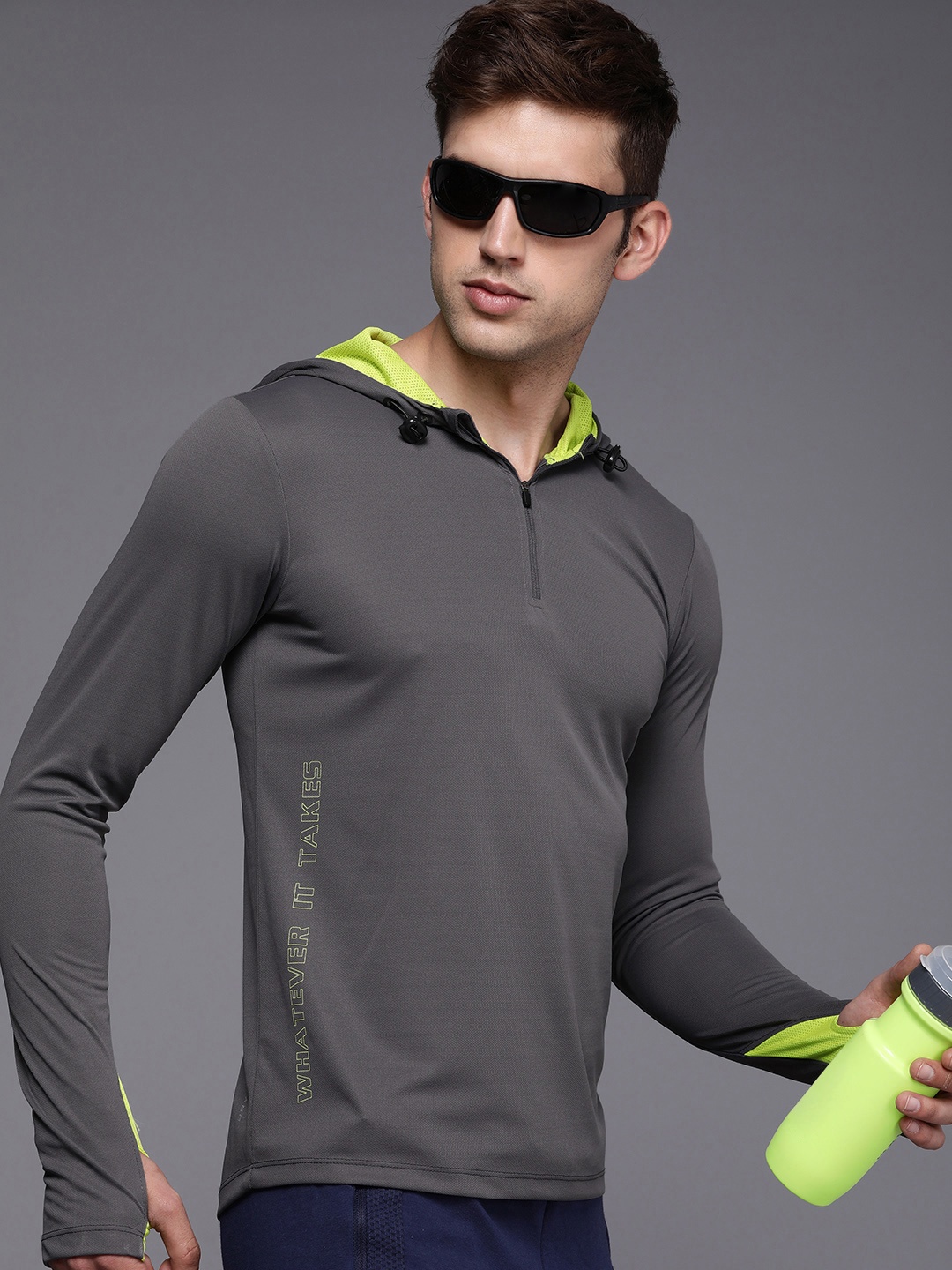 WROGN ACTIVE Typography Print Slim Fit Hooded Sports T-shirt, Grey