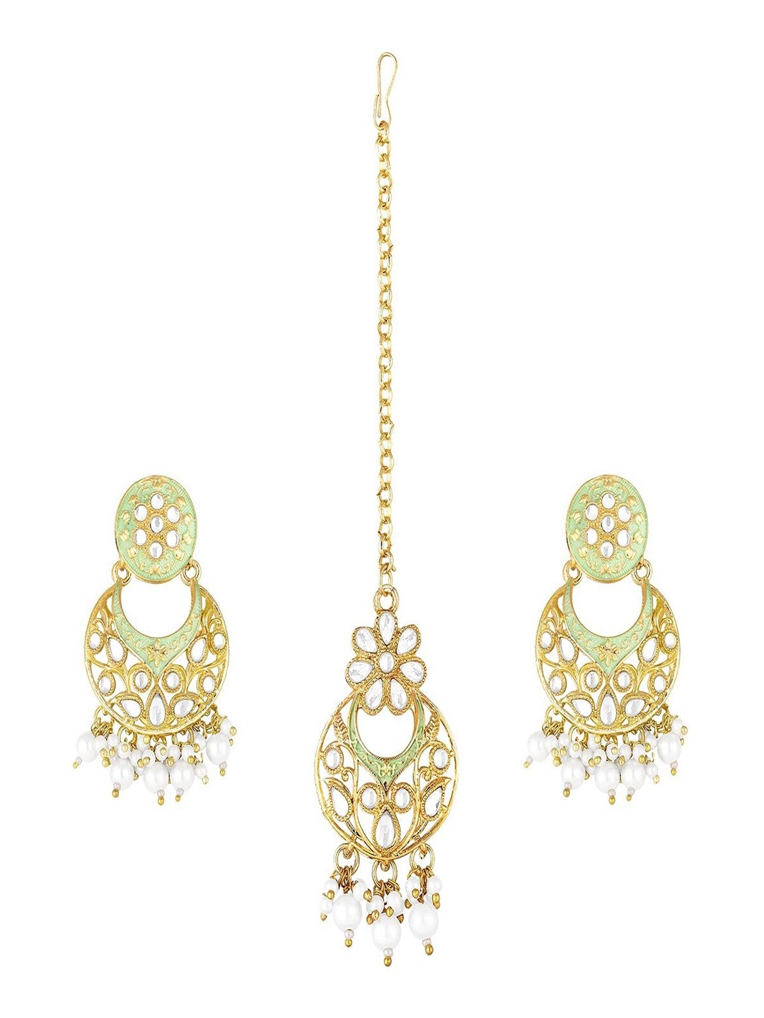 I Jewels Women Gold-Plated Kundan Studded & Beaded Maang Tika and Earrings, Green
I Jewels Women Gold-Plated Kundan Studded & Beaded Maang Tika and Earrings, Green