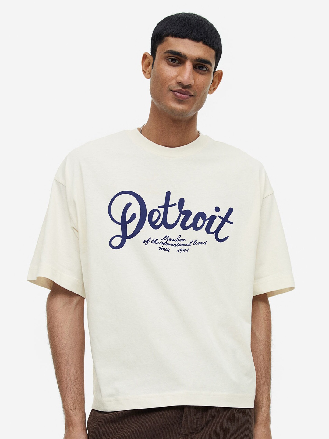 H&M Men Oversized Fit Printed T-Shirt, Off white