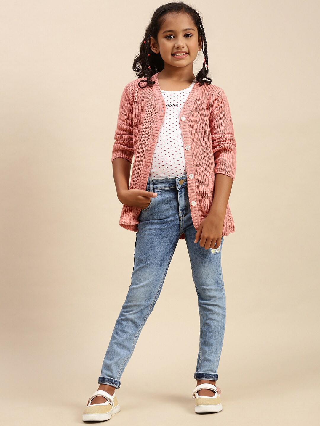 PIPIN Girls Self Design Acrylic Front-Open Sweatshirt, Peach