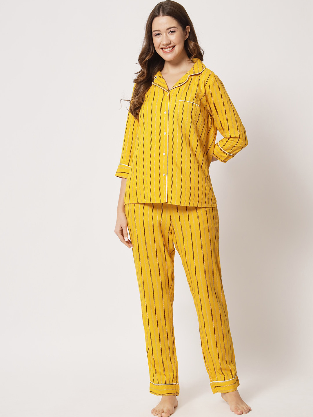 HERE&NOW Women Striped Night Suit, Mustard 
HERE&NOW Women Striped Night Suit, Mustard