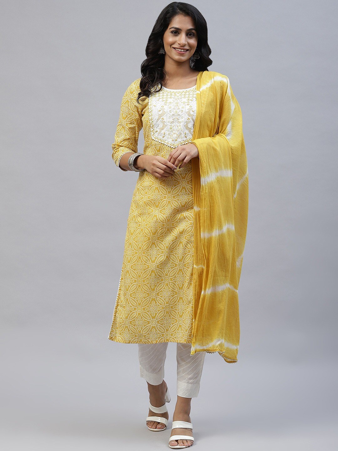 Readiprint Fashions Women Bandhani Printed Pure Cotton Kurta With Trousers & Dupatta, Yellow
Readiprint Fashions Women Bandhani Printed Pure Cotton Kurta With Trousers & Dupatta, Yellow