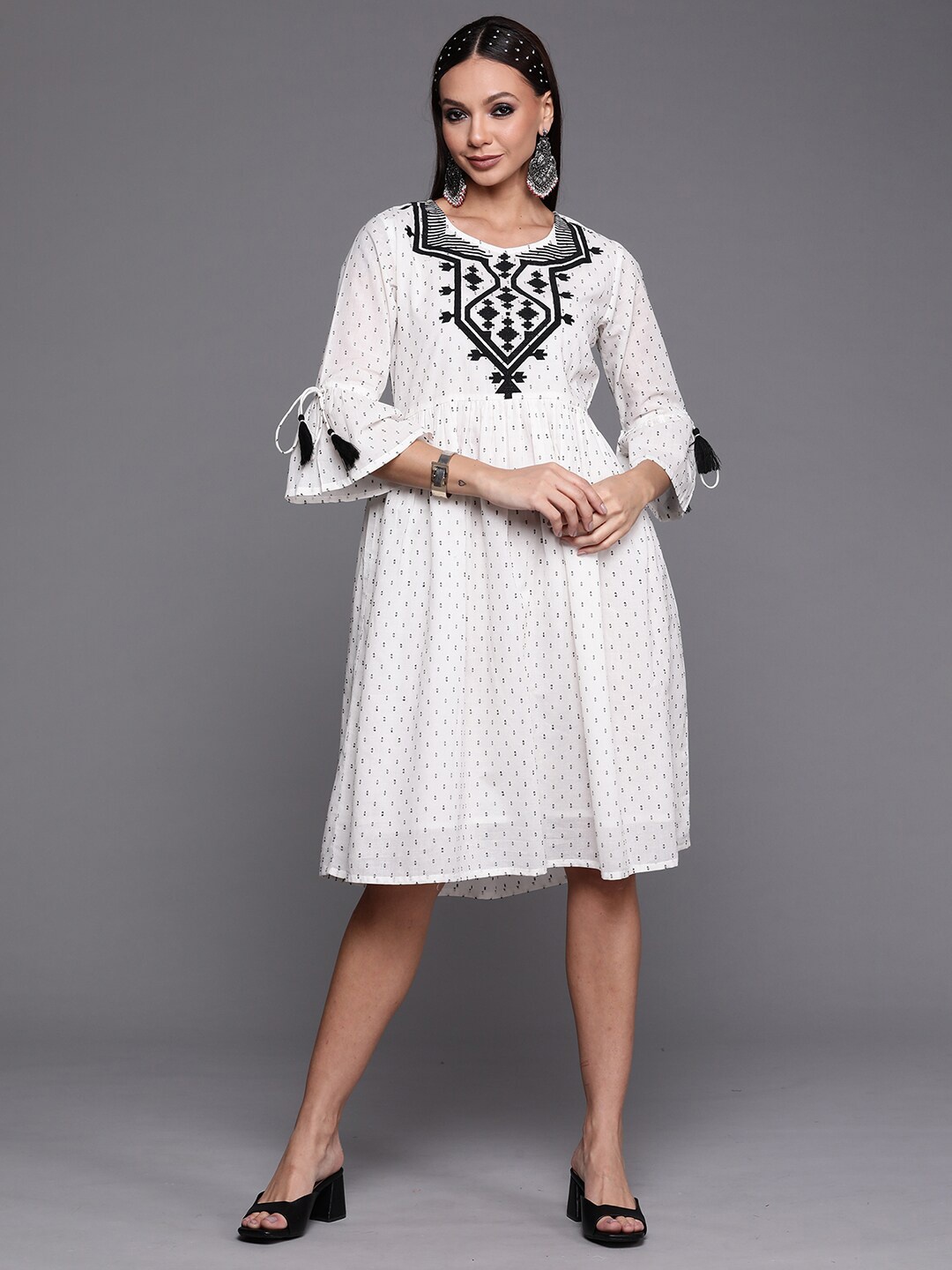 Indo Era Self Design Bell Sleeve Fit And Flare Cotton Ethnic Dress, White
Indo Era Self Design Bell Sleeve Fit And Flare Cotton Ethnic Dress, White