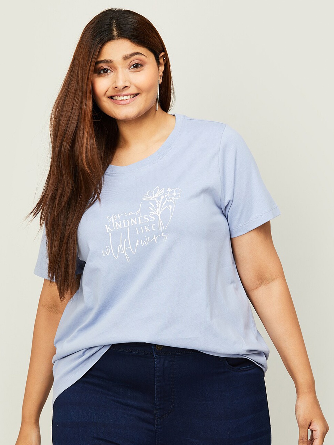 Nexus by Lifestyle Women Plus Size Typography Printed Regular Sleeves Pure Cotton T-shirt, Blue