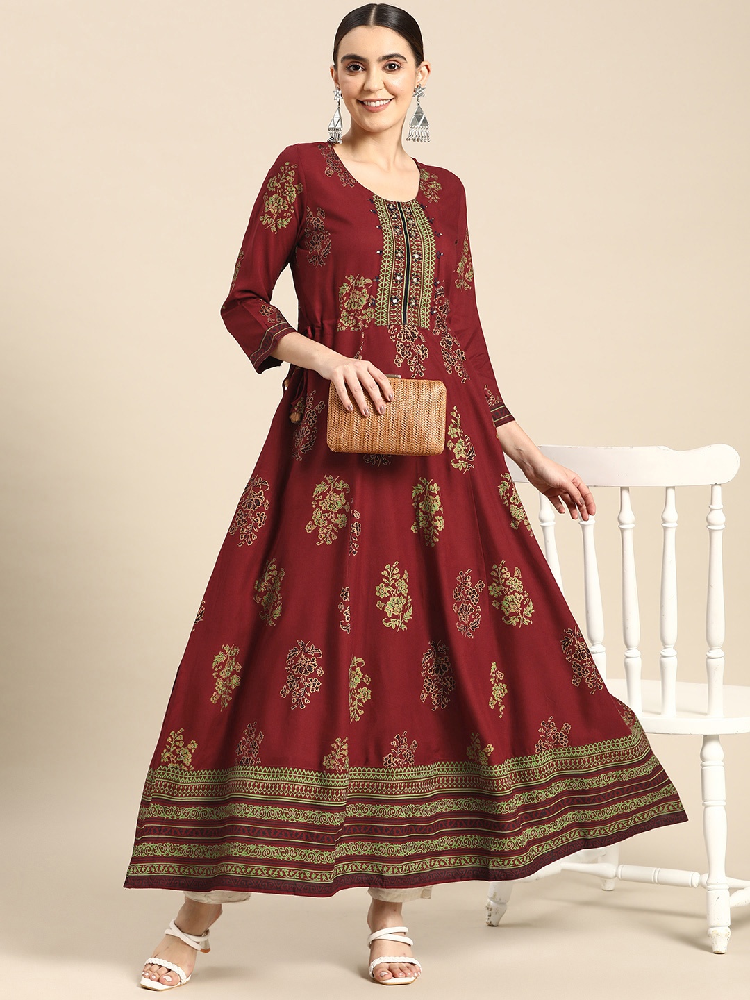 Sangria Women Floral Printed Anarkali Kurta, Maroon