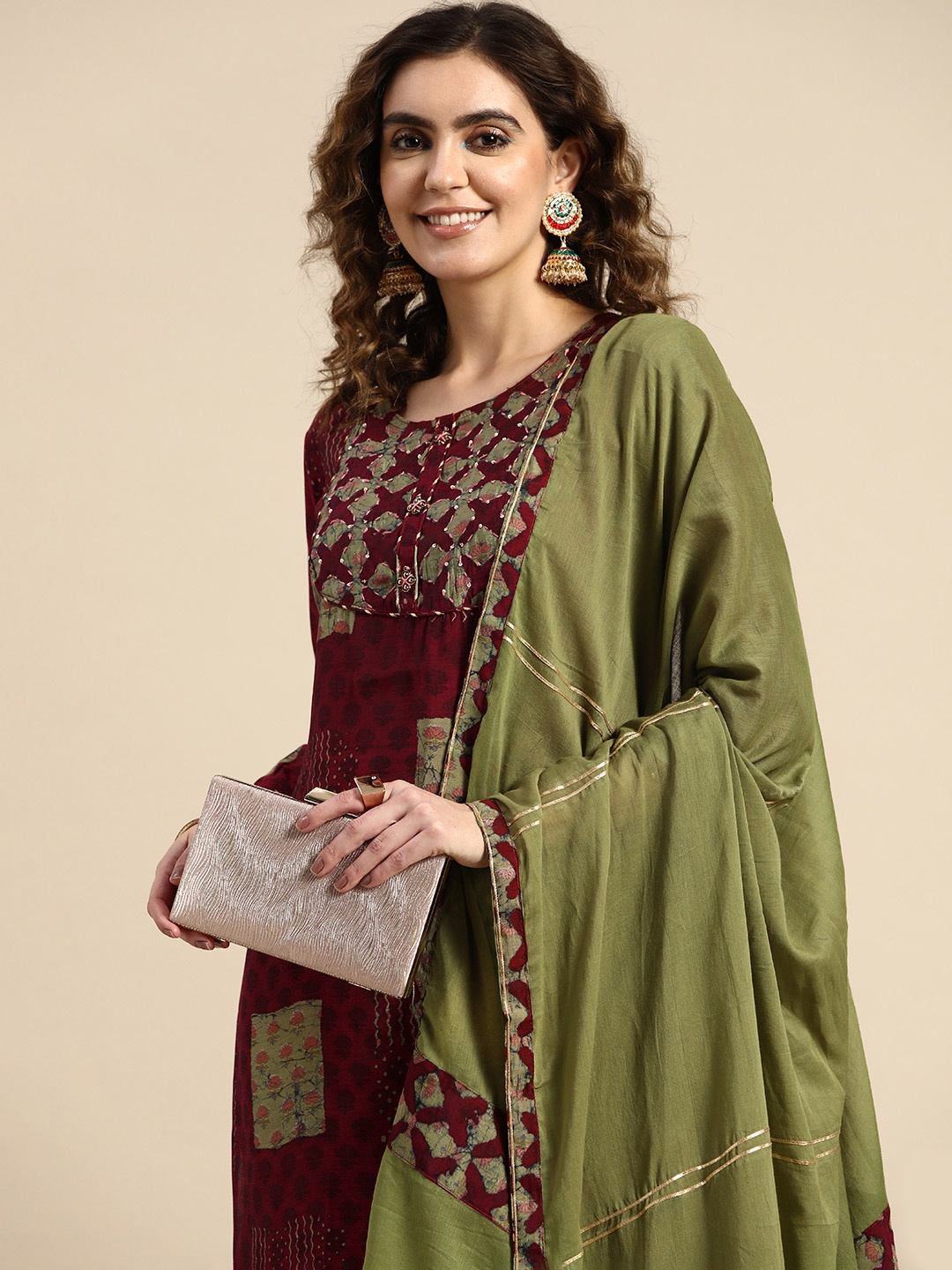 Sangria Women Ethnic Motifs Printed Sequinned Chanderi Silk Kurta Set, Maroon