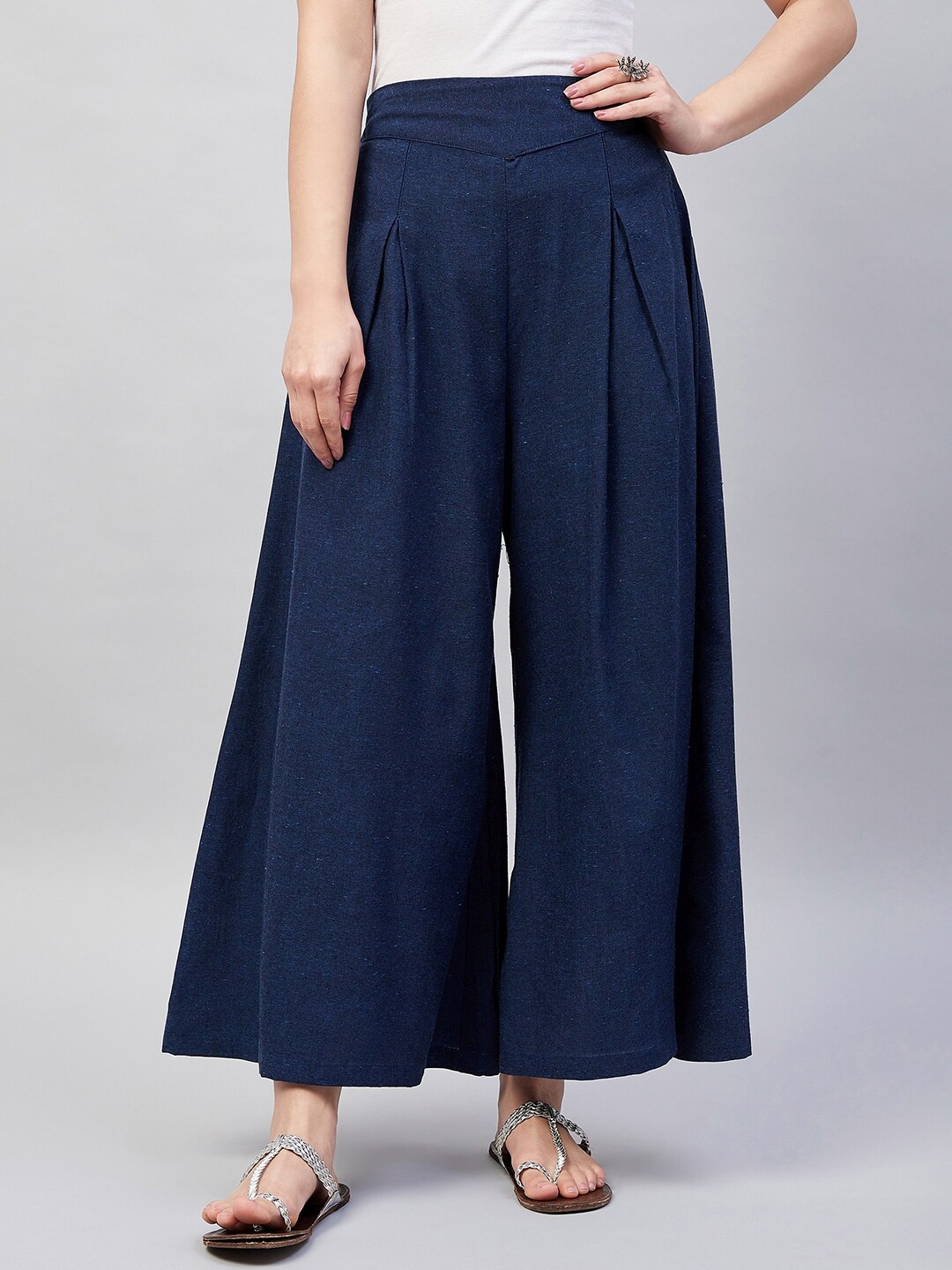 InWeave Women Wide Leg Cotton Cropped Palazzos, Navy blue