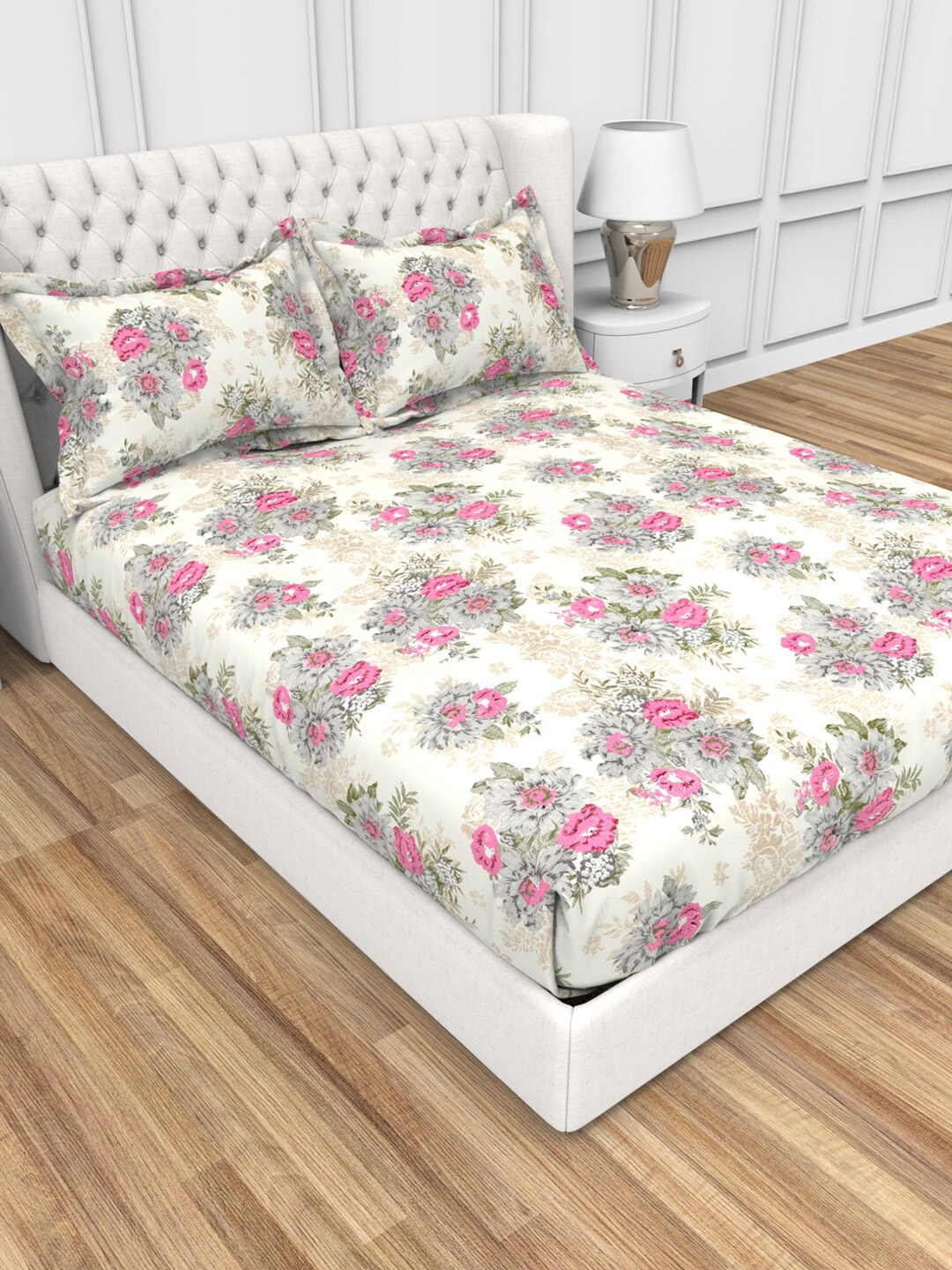 THE WHITE MOSS Carmel Pink Floral 220 TC Fitted King Bedsheet with 2 Pillow Covers, Grey
THE WHITE MOSS Carmel Pink Floral 220 TC Fitted King Bedsheet with 2 Pillow Covers, Grey