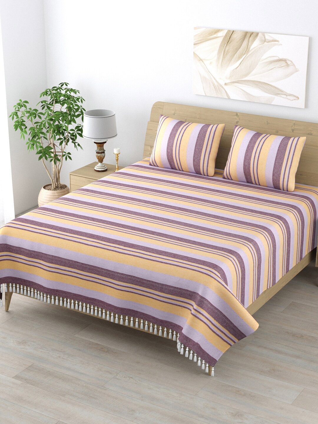 Varde Beige & Purple Striped 210 TC Pure Cotton Flat King Bedsheet with 2 Pillow Covers
Varde Beige & Purple Striped 210 TC Pure Cotton Flat King Bedsheet with 2 Pillow Covers