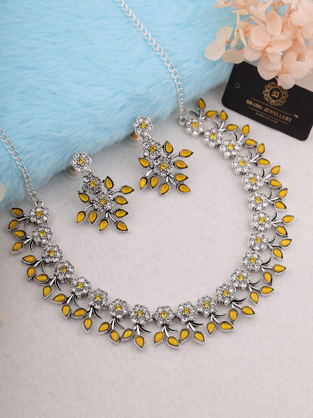 Brado Jewellery Women Silver-Plated AD-Studded Oxidised Necklace and Earrings, Yellow
Brado Jewellery Women Silver-Plated AD-Studded Oxidised Necklace and Earrings, Yellow