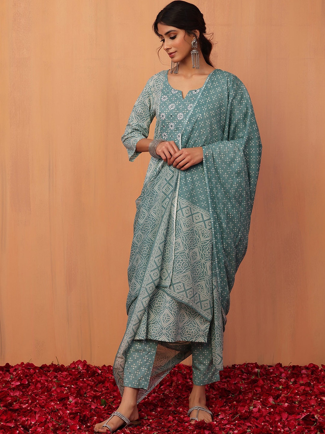 INDYA Bandhani Printed Mirror Work Pure Cotton Kurta With Trouser & Dupatta, Blue
INDYA Bandhani Printed Mirror Work Pure Cotton Kurta With Trouser & Dupatta, Blue