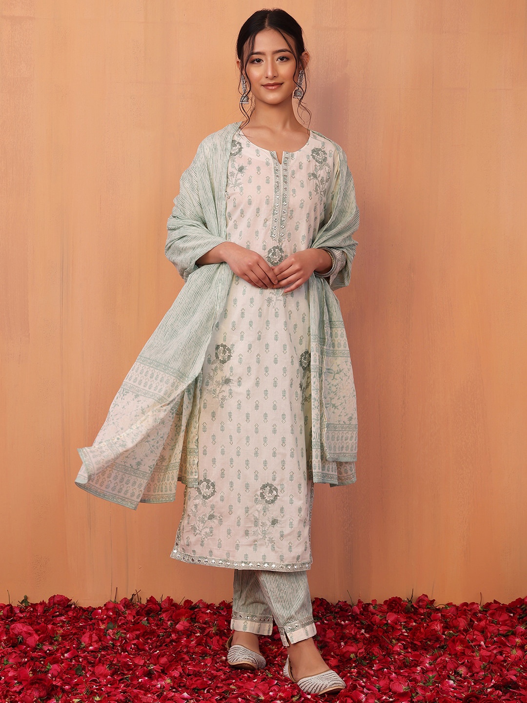 INDYA Women Floral Printed Mirror Work Pure Cotton Kurta with Trousers & Dupatta, White
INDYA Women Floral Printed Mirror Work Pure Cotton Kurta with Trousers & Dupatta, White