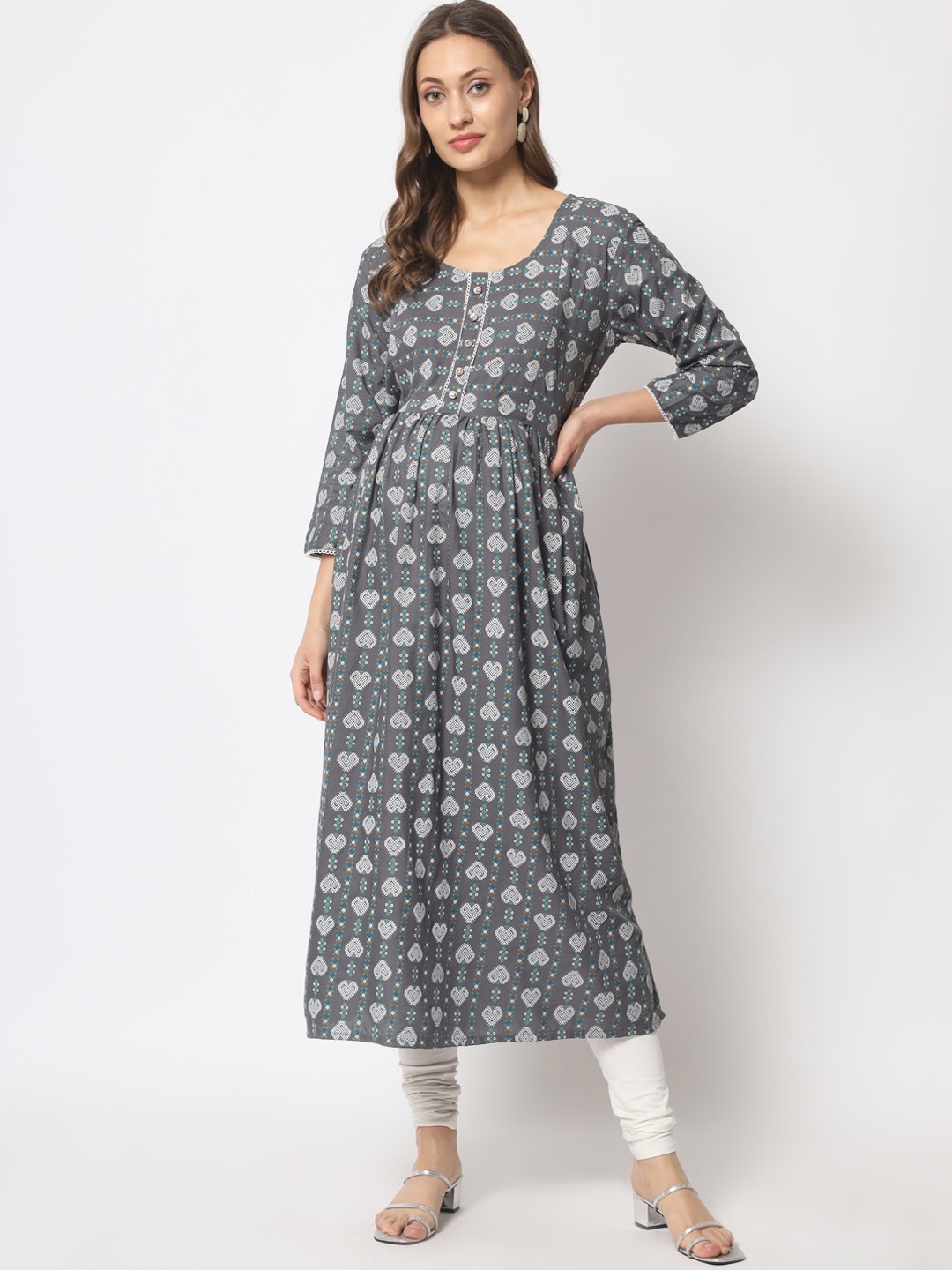 Aujjessa Women Ethnic Motifs Printed Maternity Anarkali Kurta, Grey