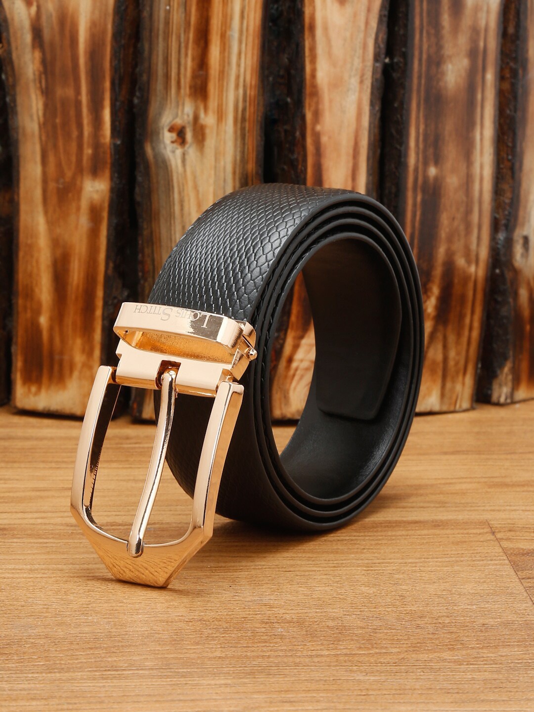 LOUIS STITCH Men Textured Leather Formal Belt, Black
