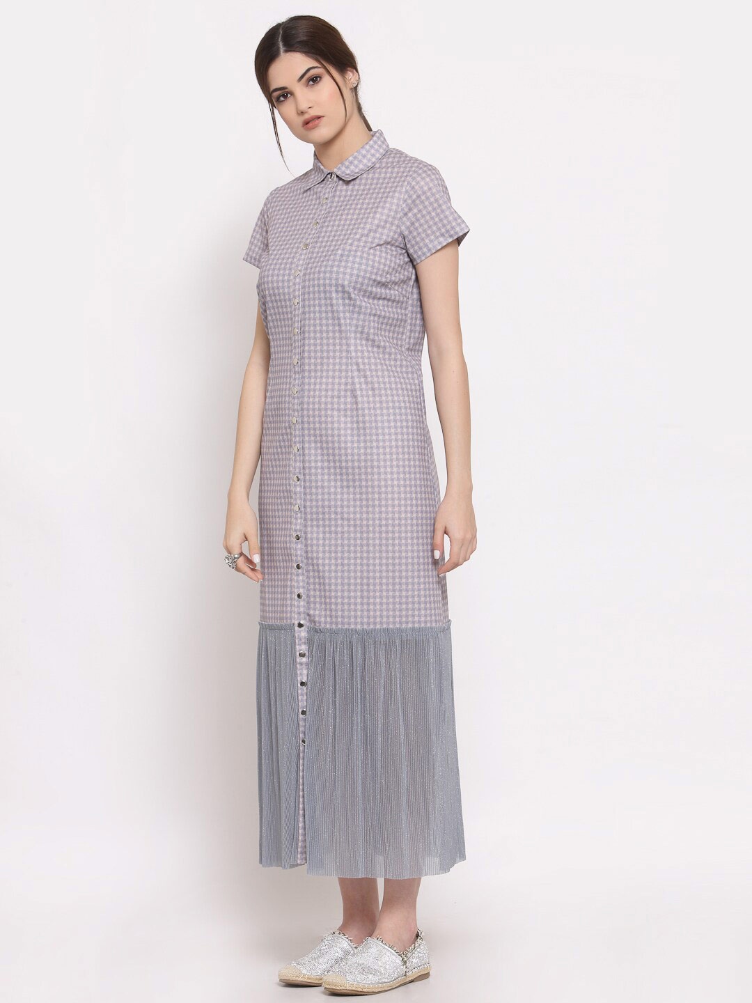 LELA Checked Maxi Shirt Dress, Grey