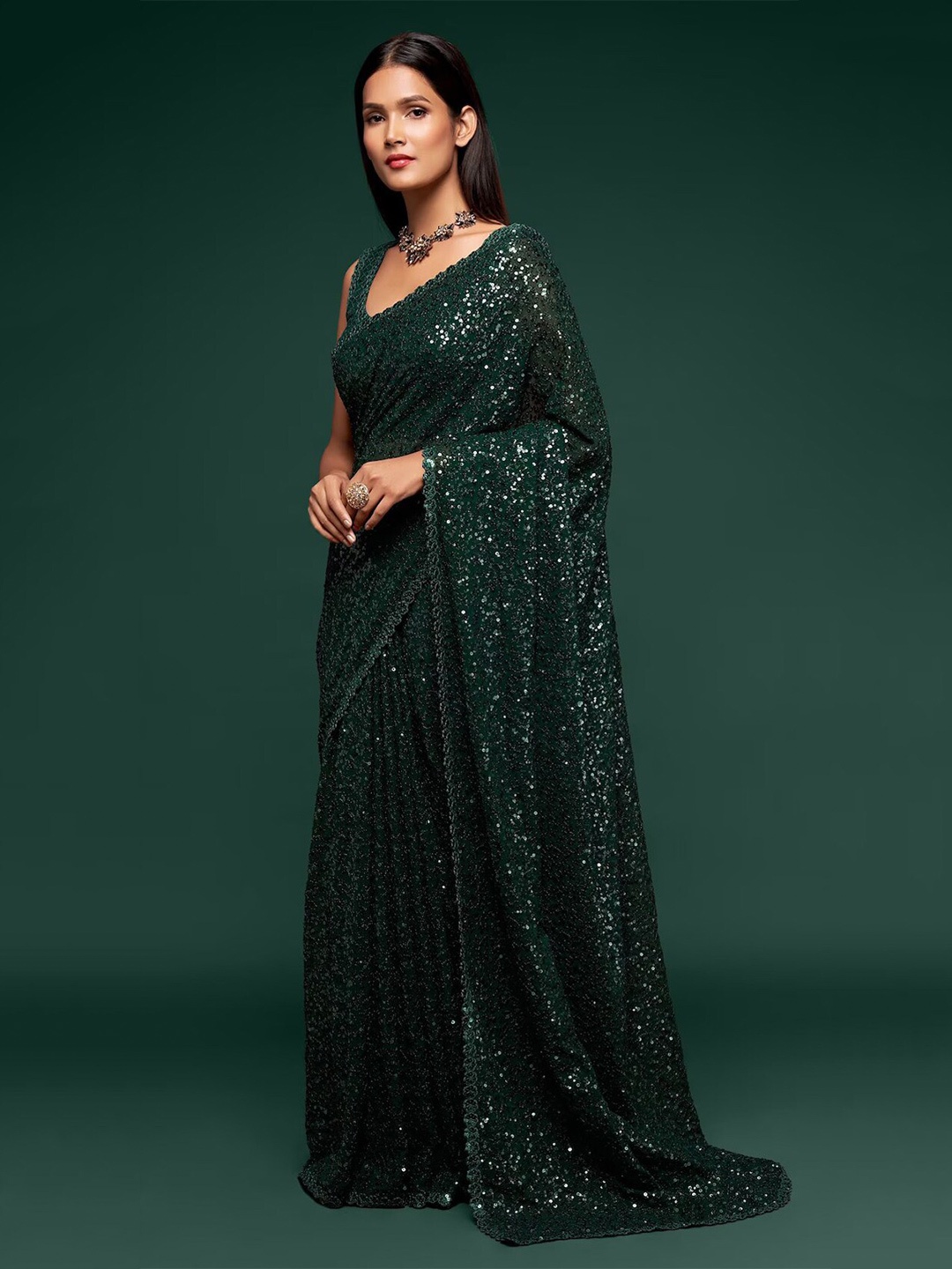 Mitera Green Embellished Sequinned Saree