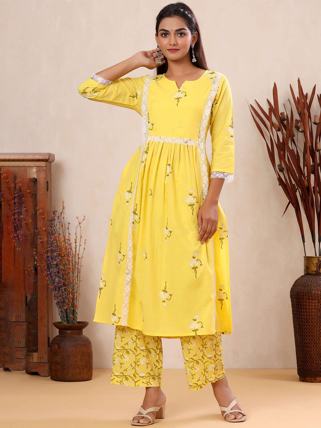 mirari Women Floral Printed Notch Neck Pure Cotton Kurta with Palazzos, Yellow
mirari Women Floral Printed Notch Neck Pure Cotton Kurta with Palazzos, Yellow