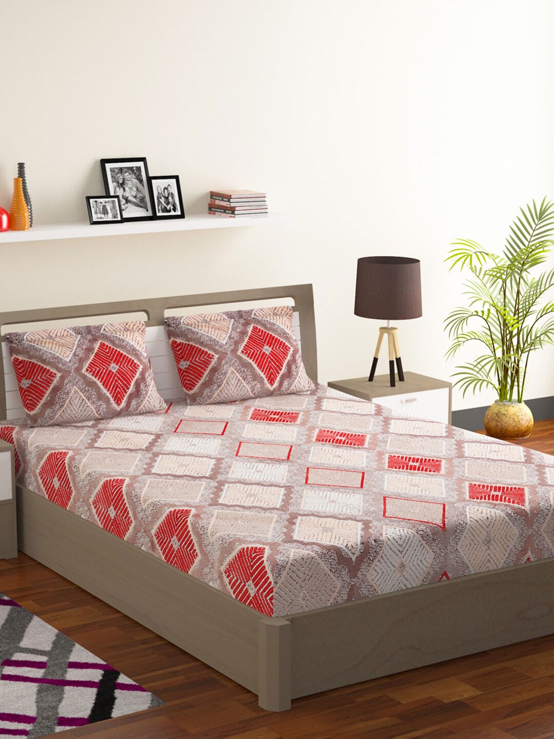 Rubix Home Brown & Red Geometric 144 TC Flat Queen Bedsheet with 2 Pillow Covers