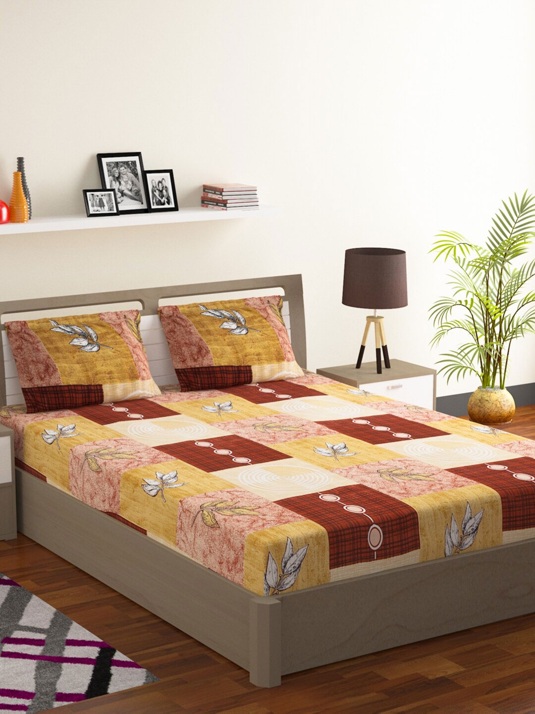 Rubix Home Brown & Yellow Floral 144 TC Flat Queen Bedsheet with 2 Pillow Covers