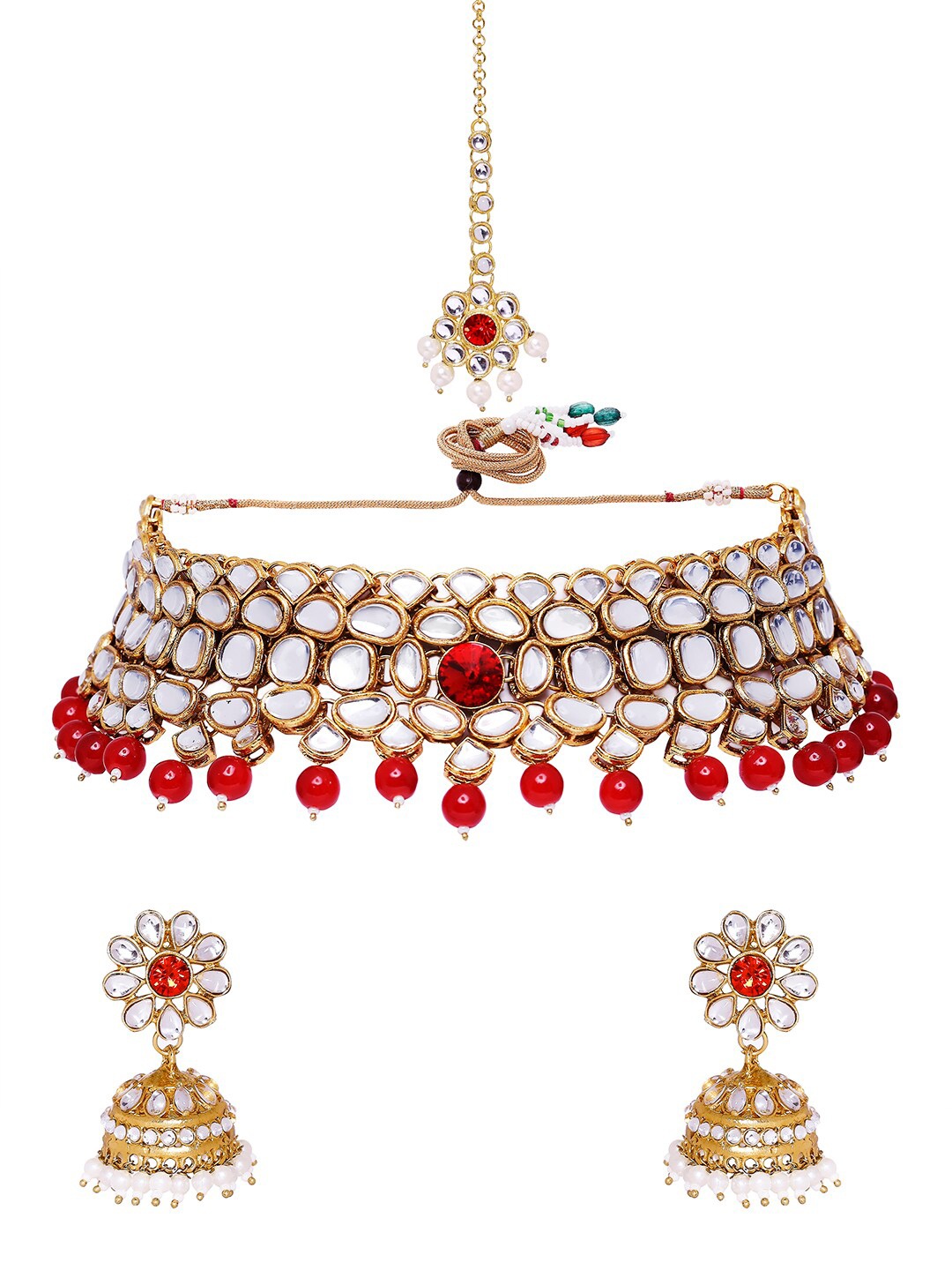 OOMPH Women Gold-Plated Kundan-Studded & Beaded Necklace and Earrings & With Maang Tika, Red
OOMPH Women Gold-Plated Kundan-Studded & Beaded Necklace and Earrings & With Maang Tika, Red