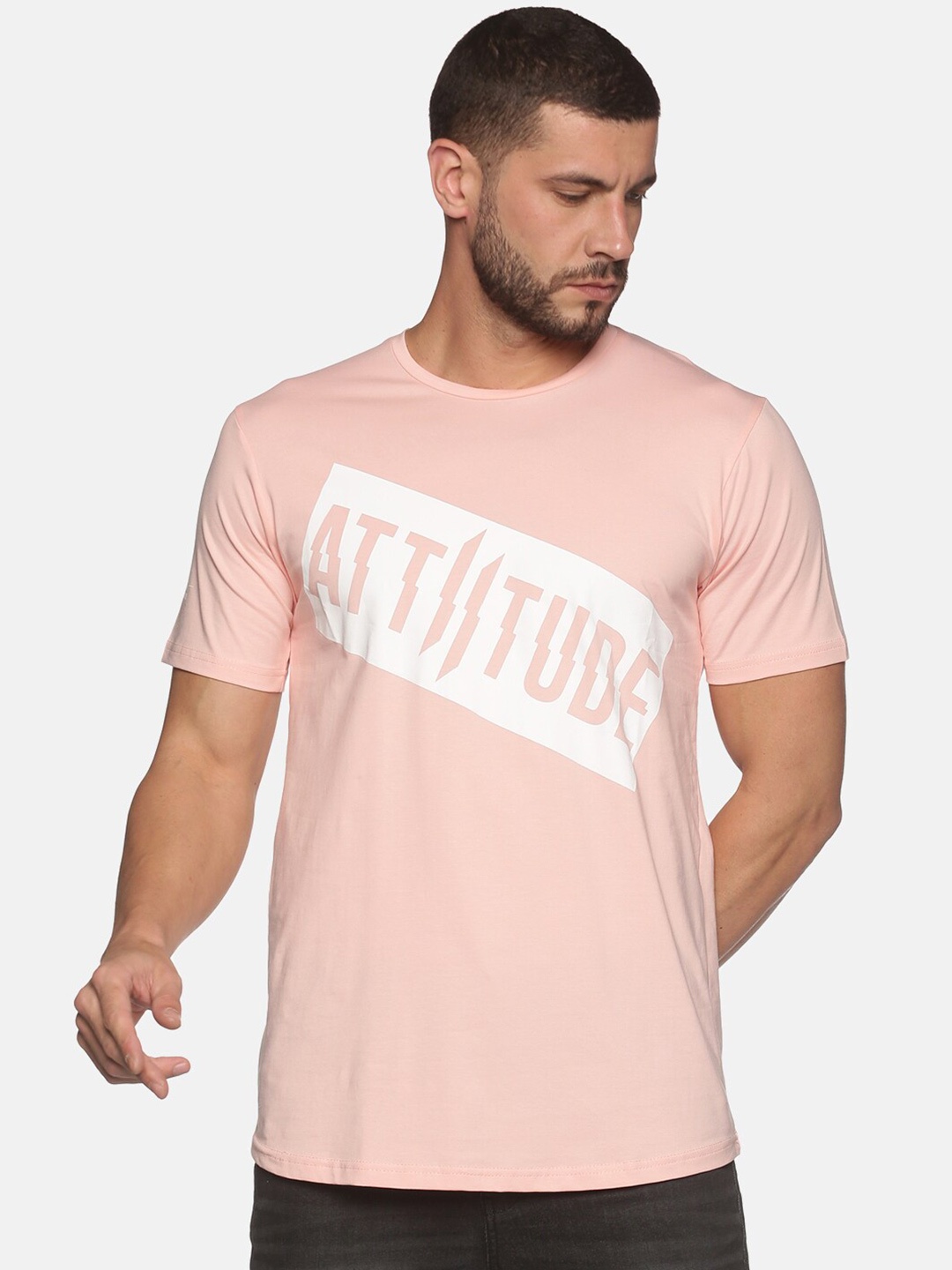 ATTIITUDE Typography Printed Pure Cotton T-Shirt, Peach
