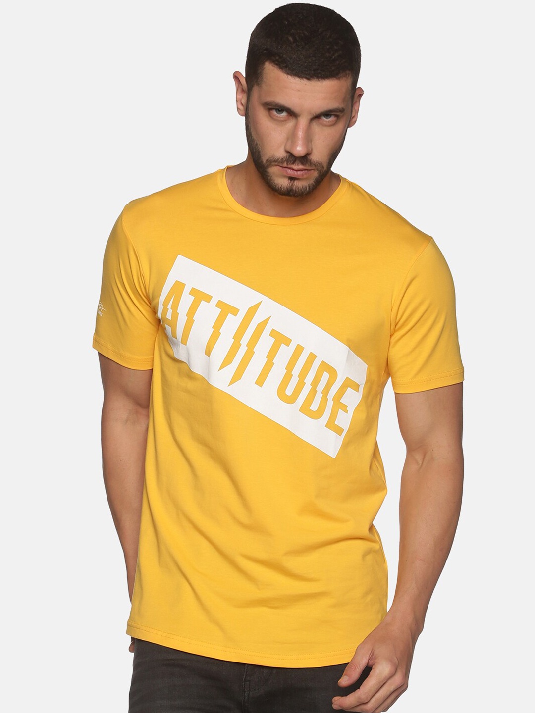 ATTIITUDE Men Typography Printed Round Neck Dry Fit Cotton T-shirt, Mustard