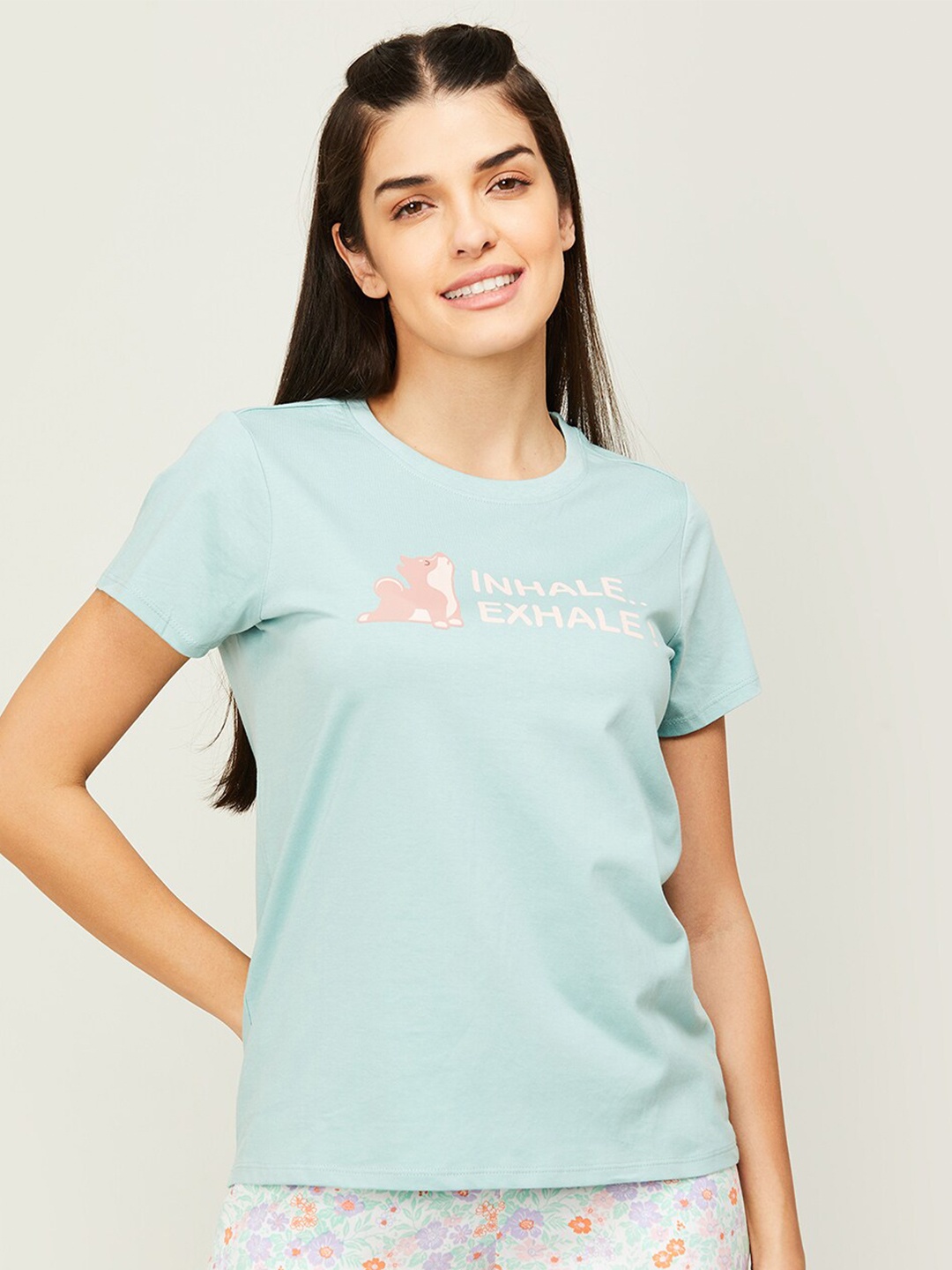 Ginger by Lifestyle Women Typography Printed Cotton T-shirt, Blue