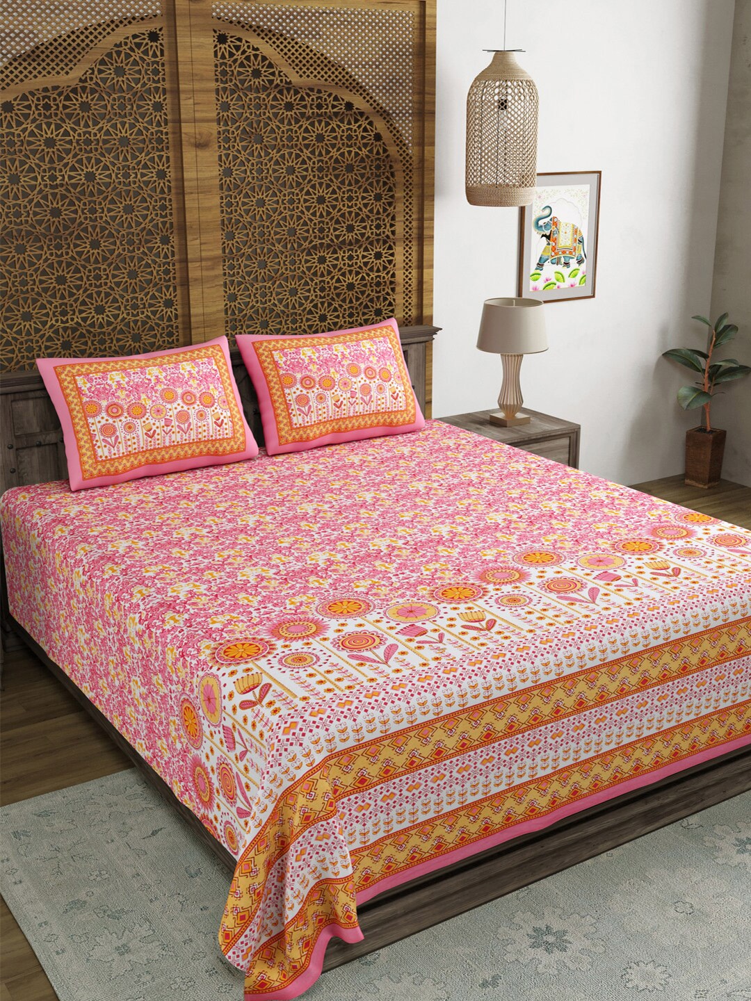 BLOCKS OF INDIA Pink & Yellow Floral 210 TC Flat Cotton King Bedsheet with 2 Pillow Covers
BLOCKS OF INDIA Pink & Yellow Floral 210 TC Flat Cotton King Bedsheet with 2 Pillow Covers