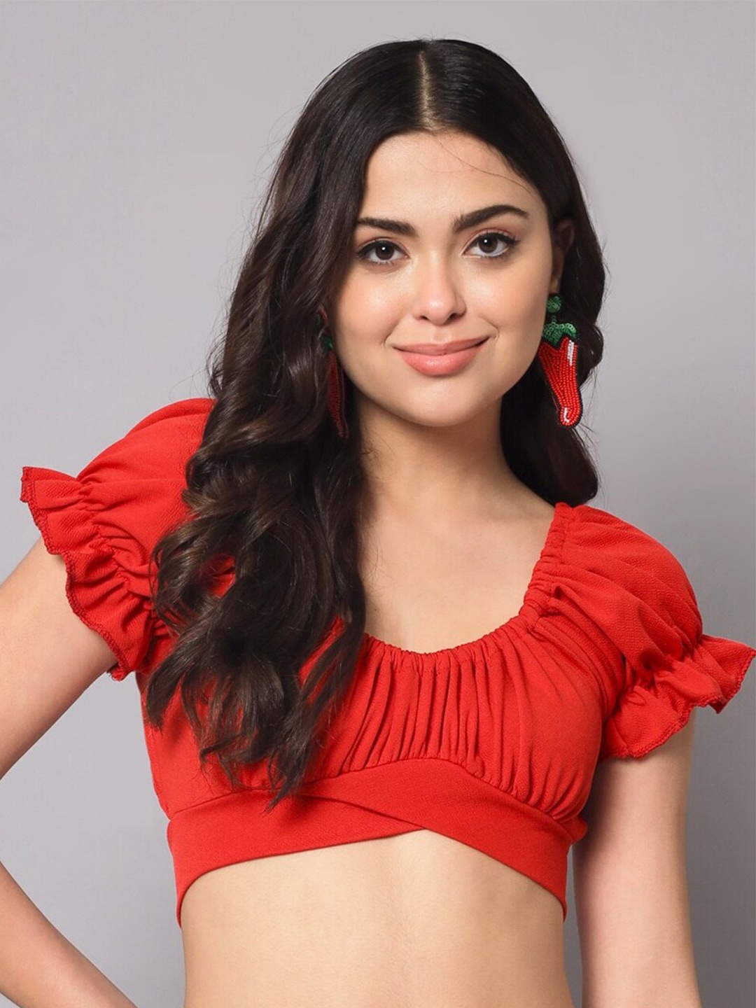 Womenster Fitted Ruffles Crop Top, Red